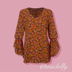 Cabi Burnished Blouse Autumn Floral Brown Orange Blouse Top Bell Sleeve 4042